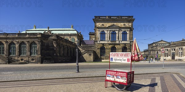 Ticket sales stand and stop for city tours on Sophienstrasse in front of the Dresden Zwinger, Inner Old Town, Dresden, Saxony, Germany, for editorial use only, Europe