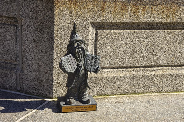 Dwarf of the 55-year town twinning between Dresden and Wroclaw at the town hall fountain, also known as the Hietzig fountain, between the town hall and the Kreuzkirche, Dresden, Saxony, Germany, Europe