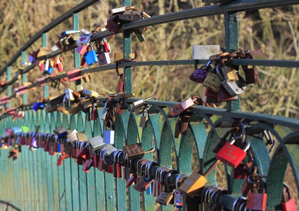 Love locks on the railing of a bridge, North Rhine-Westphalia, Germany, Europe