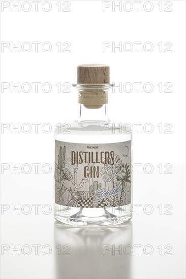 A bottle of gin on a white background