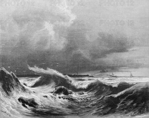 Strong surf on the Baltic Sea coast, dark sky, storm, weather, danger, seagulls, Germany, historical illustration 1880, Europe