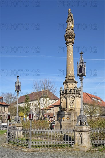 Marian column with Madonna figure, Marienplatz, Wiesentheid, Lower Franconia, Franconia, Bavaria, Germany, Europe
