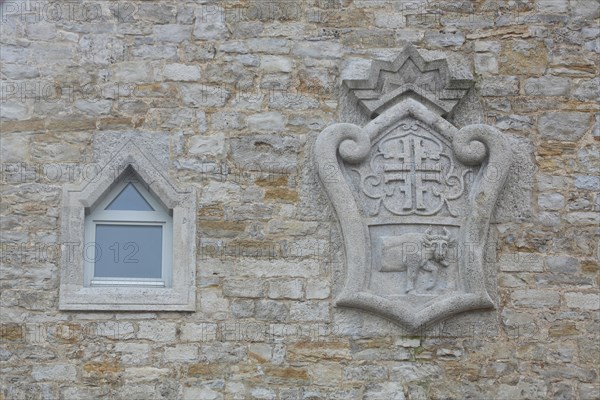 Town coat of arms with ox figure, bull figure, stone, relief, gymnastics club, Ochsenfurt, Lower Franconia, Franconia, Bavaria, Germany, Europe