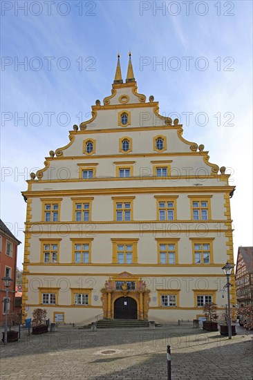 Renaissance castle built in 1580 with tail gable, yellow, Marktbreit, Lower Franconia, Franconia, Bavaria, Germany, Europe