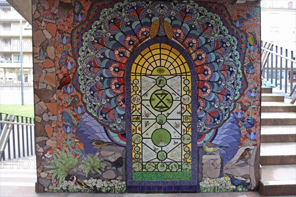 Staircase with wall mosaic flora and fauna by Isidora Paz Lopez 2019, rosette, circle, colourful, blue, bird figures, flower figures, handicrafts, tiles, tiles, Lopez, rock staircase, bird staircase, Pirmasens, Palatinate Forest, Rhineland-Palatinate, Germany, Europe