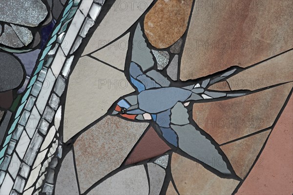 Wall mosaic with barn swallow in flight by Isidora Paz Lopez 2019, one, brown, grey, bird figure, flight, handicraft, tiles, tiles, Lopez, rock staircase, bird staircase, Pirmasens, Palatinate Forest, Rhineland-Palatinate, Germany, Europe