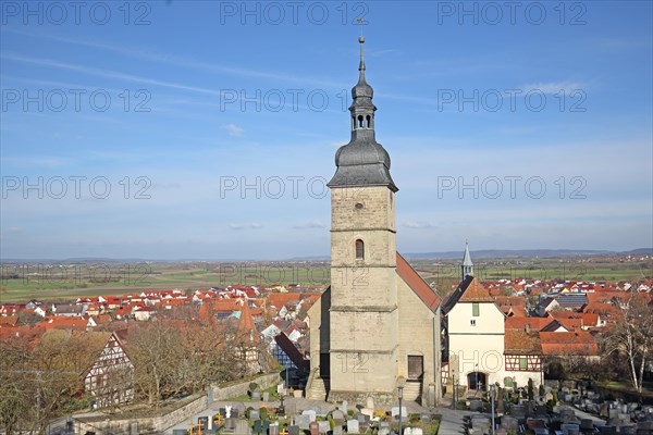 St John's Church with cemetery and historic gate tower, view, panoramic view, townscape, Burgbernheim, Middle Franconia, Franconia, Bavaria, Germany, Europe