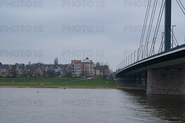 View over the Rhine with bridge, behind Oberkassel, Duesseldorf, Germany, Europe