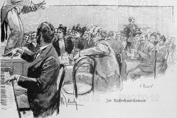 Concert in a coffee house, Vienna, music, piano player, performance, audience, set tables, waiter, interior, Austria, historical illustration 1890, Europe