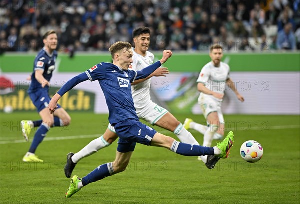 Goal kick action Goal chance Maximilian Beier TSG 1899 Hoffenheim (14) v Julian Malatini SV Werder Bremen SVW (22), PreZero Arena, Sinsheim, Baden-Wuerttemberg, Germany, Europe