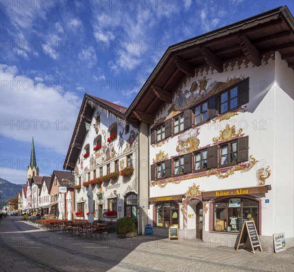 Ludwigstrasse with historic houses and Lueftlmalereien, Partenkirchen district, Garmisch-Partenkirchen, Werdenfelser Land, Upper Bavaria, Bavaria, Germany, Europe