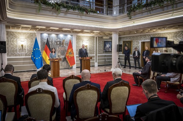 Annalena Baerbock (Alliance 90/The Greens), Federal Foreign Minister, photographed during her visit to Montenegro. Here a press conference with Foreign Minister Filip Ivanovic in Villa Gorica. 'Photographed on behalf of the Federal Foreign Office'