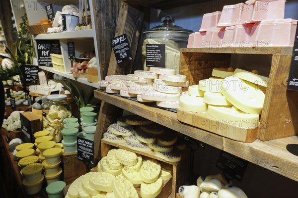 Unpackaged Lush cosmetic products.240 sustainable alternatives to packaged cosmetics are offered in the so-called Naked Shop, Berlin, 05.10.2018