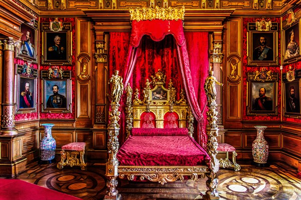 Maximilian's bedroom, a wedding gift from Emperor Napoleon III, interior in neo-renaissance, neo-baroque style, Miramare Castle, 1870, residence of Maximilian of Austria, princely living culture in the second half of the 19th century, Friuli, Italy, Trieste, Friuli, Italy, Europe