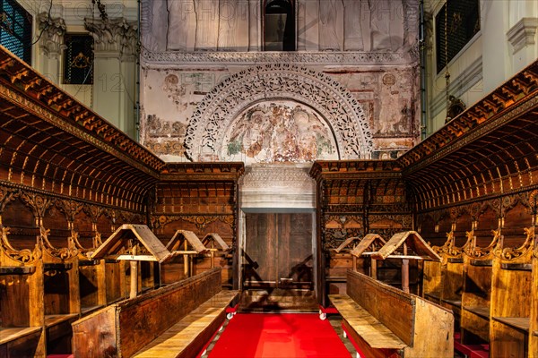 Wooden choir of the Tempietto Lombardo with medieval, Byzantine-influenced stucco decorations, Monastery of Santa Maria in Valle, Tempietto longobardo, 8th century, Cividale del Friuli, city with historical treasures, UNESCO World Heritage Site, Friuli, Italy, Cividale del Friuli, Friuli, Italy, Europe