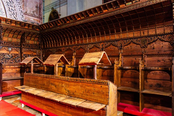 Wooden choir of the Tempietto Lombardo with medieval, Byzantine-influenced stucco decorations, Monastery of Santa Maria in Valle, Tempietto longobardo, 8th century, Cividale del Friuli, city with historical treasures, UNESCO World Heritage Site, Friuli, Italy, Cividale del Friuli, Friuli, Italy, Europe