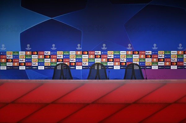 Press centre, podium, sponsors, logo, FC Bayern Munich FCB, Champions League, CL, Allianz Arena, Munich, Bavaria, Germany, Europe