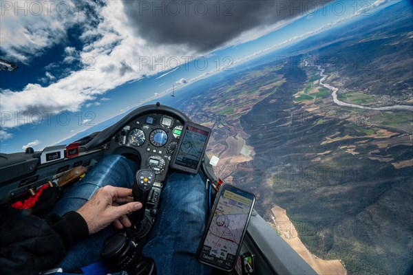 Aerial photo, gliding flight, cockpit, instruments, GPS, steering, flying, gliding, Aces, Provence, France, Europe