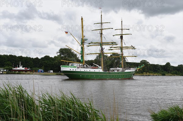 Sailing ship Alexander von Humboldt II sailing in the Kiel Canal, Kiel Canal, Schleswig-Holstein, Germany, Europe