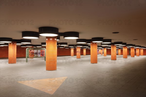 Subway of the Messedamm at the ICC in Berlin. The pedestrian tunnel between the International Congress Centre, ICC and bus station was designed by architect Rainer Gerhard Ruemmler. With its 70s design in bright orange, the tunnel has already been used as a backdrop for many Hollywood films, 07.8.2018