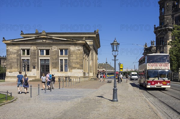 Tourist situation and approaching double-decker bus for city tours between Neue Hauptwache and Residenzschloss, Innere Altstadt, Dresden, Saxony, Germany, for editorial use only, Europe