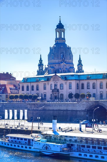 The passenger steamer DRESDEN at the landing stage on the Terrassenufer at the Bruehlsche Terrasse with the Church of Our Lady in the background, Inner Old Town, Dresden, Saxony, Germany, Europe