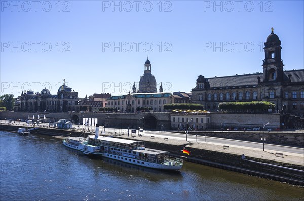 The passenger steamer DRESDEN at the landing stage on the Terrassenufer at the Bruehlsche Terrasse with the Church of Our Lady in the background, Inner Old Town, Dresden, Saxony, Germany, Europe