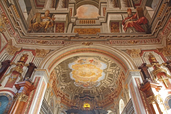 Ceiling fresco by Giovanni Francesco Marchini 1729 left: Pope Gregory the Great, right: Bishop Augustine of Hippo, church fathers, church father, saint, figures, baroque, interior view, mock architecture, mock painting, ceiling painting, craftsmanship, painting, view from below, chancel, choir room, Trinity, angels, heaven, Mauritius Church, Wiesentheid, Lower Franconia, Franconia, Bavaria, Germany, Europe