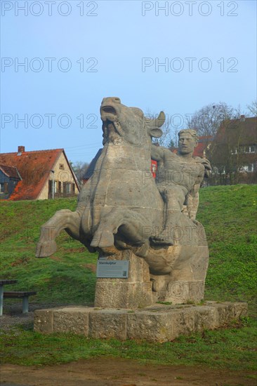 Sculpture bull figure by Wilhelm Ax 1939 made of stone, ox, ox figure, Ochsenfurt, Lower Franconia, Franconia, Bavaria, Germany, Europe