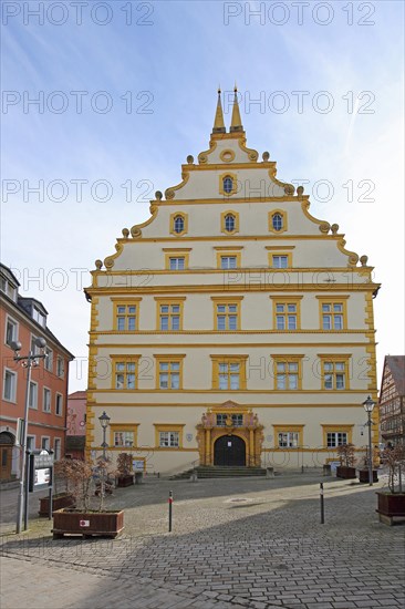 Renaissance castle built in 1580 with tail gable, yellow, Marktbreit, Lower Franconia, Franconia, Bavaria, Germany, Europe