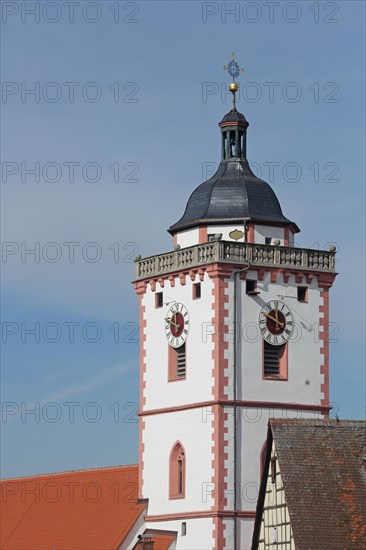 Tower of St Nicholas' Church built 15th century, church tower, St Nicholas' Church, Marktbreit, Lower Franconia, Franconia, Bavaria, Germany, Europe