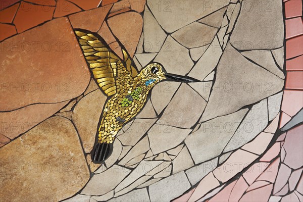 Wall mosaic with hummingbird in flight by Isidora Paz Lopez 2019, one, yellow, golden, flight, bird figure, handicraft, tiles, tiles, Lopez, rock staircase, bird staircase, Pirmasens, Palatinate Forest, Rhineland-Palatinate, Germany, Europe