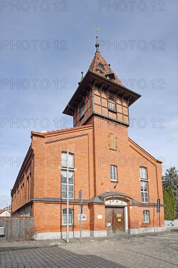 Municipal gymnasium, red brick building with spire, tower, Bad Windsheim, Middle Franconia, Franconia, Bavaria, Germany, Europe