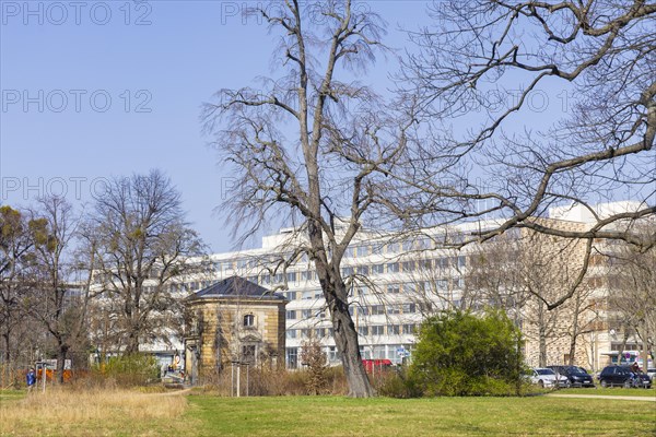 Blueher Park with Lingnerallee gate pavilion and former Robotron building, Dresden, Saxony, Germany, Europe