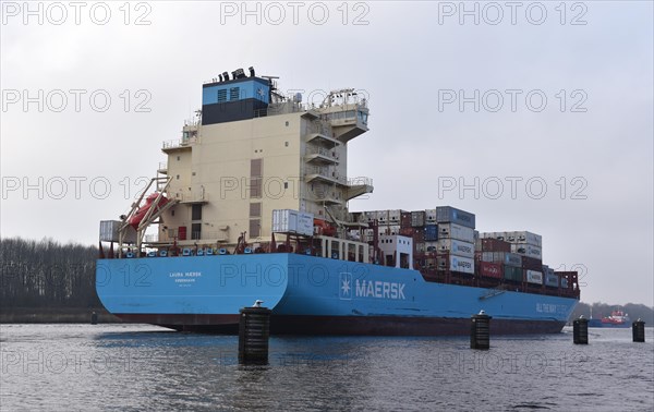 Container ship Laura Maersk travelling through the Kiel Canal, Kiel Canal, Schleswig-Holstein, Germany, Europe