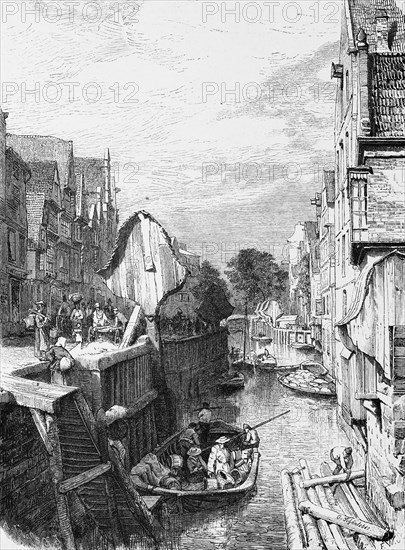 Fleet Hollaendischer Brook, narrow canal, barge, transport, goods, logs, street, sale, stairs, building, Free and Hanseatic City of Hamburg, Germany, historical illustration 1880, Europe