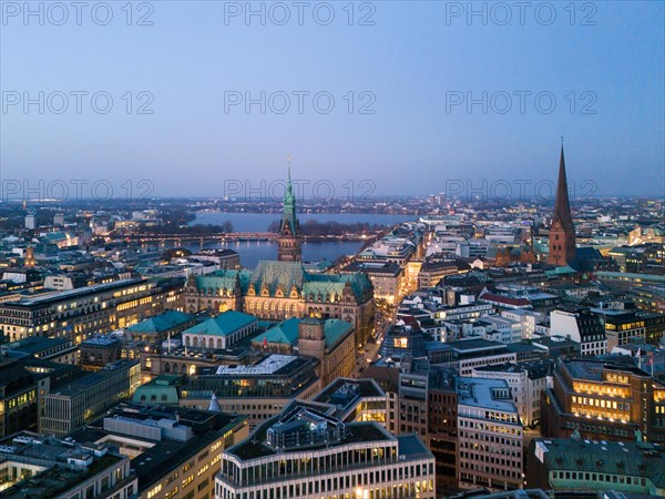 Aerial view of Hamburg City Hall with Inner Alster and Outer Alster Lake at blue hour, Hamburg, Germany, Europe
