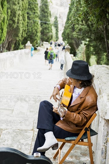 Stairway to Calvary and flamenco players, Pollensa, Pollenca, Serra de Tramuntana, Majorca, Majorca, Balearic Islands, Spain, Europe