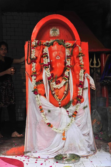 A statue of the Hindu deity Ganesh, surrounded by garlands of flowers, Varanasi, Uttar Pradesh, India, Asia