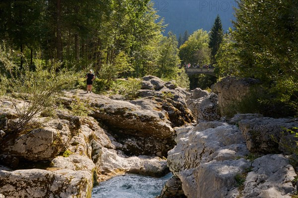 Soca River, narrow limestone gorge with rapids, small Soca troughs, Soca Valley, Mala korita Soce, Trenta Valley, Triglav National Park, Julian Alps, Slovenia, Europe