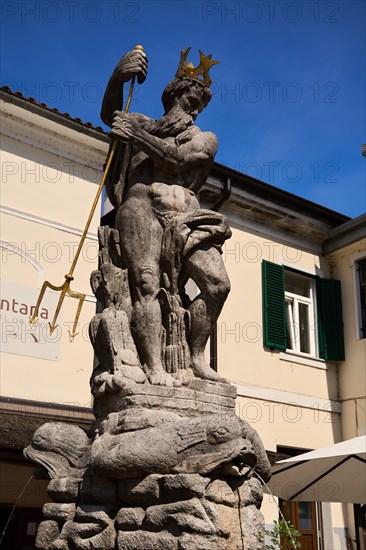 Neptune Fountain, the most important market fountain in Slovenia, in the village of Kanal ob Soci, picturesque place on the Soca River, central square, Na Placu, Primorska region, Slovenia, Europe