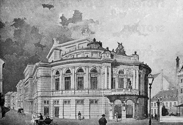 Raimung Theatre in Vienna, round building, street, walker, statues, ornamentation, lantern, Austria, historical illustration 1890, Europe