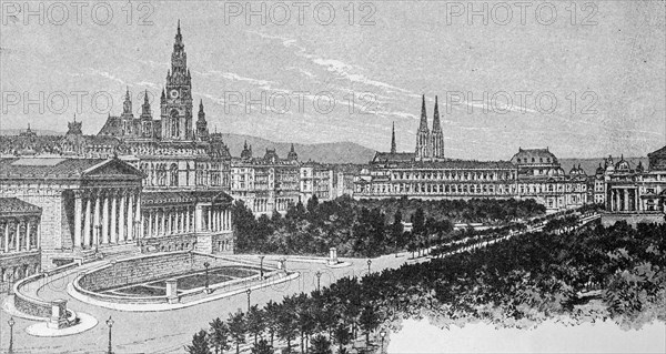 Franzensring and parliament building, state parliament, square, park, cityscape, city centre, church, Vienna, Austria, historical illustration 1890, Europe