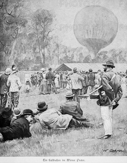Balloon in the Vienna Prater, Vienna, hot air balloon, spectator, event, park, Austria, historical illustration 1890, Europe