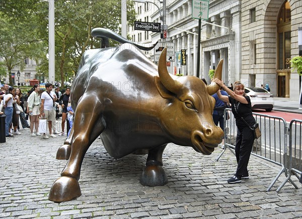 Tourist pulling on the horn of the Wall Street bull, Financial District, Lower Manhattan, New York City, New York, USA, North America