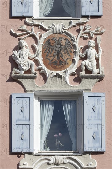 Window in a historic house with Lueftlmalerei in Ludwigstrasse, Partenkirchen district, Garmisch-Partenkirchen, Werdenfelser Land, Upper Bavaria, Bavaria, Germany, Europe