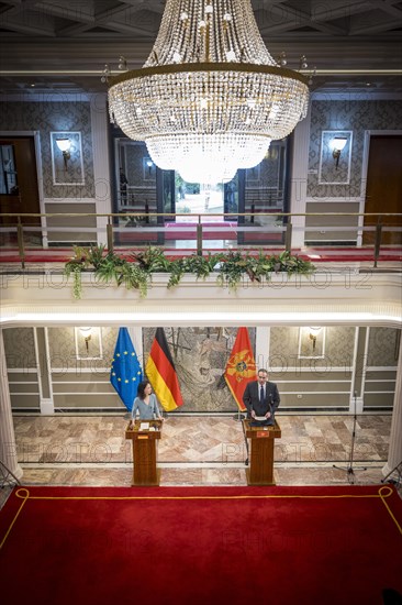 Annalena Baerbock (Alliance 90/The Greens), Federal Foreign Minister, photographed during her visit to Montenegro. Here a press conference with Foreign Minister Filip Ivanovic in Villa Gorica. 'Photographed on behalf of the Federal Foreign Office'