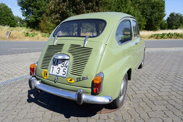 Olive green classic car parked in daylight, Seat 600 E, Peine, Lower Saxony, Germany, Europe