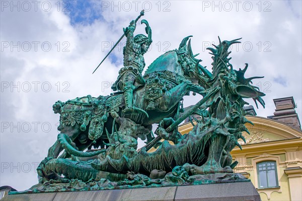 Statue of St Goran, fighting the dragon in Stockholm, Sweden, Europe