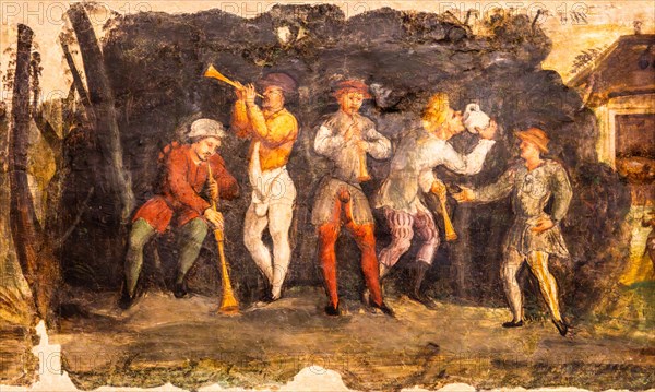 Rural dance, Termpera mural painting, c. 1540, Museo Civico d'Arte, Palzuo Ricchieri, historic centre with magnificent aristocratic palaces and Venetian-style arcades, Pordenone, Friuli, Italy, Pordenone, Friuli, Italy, Europe